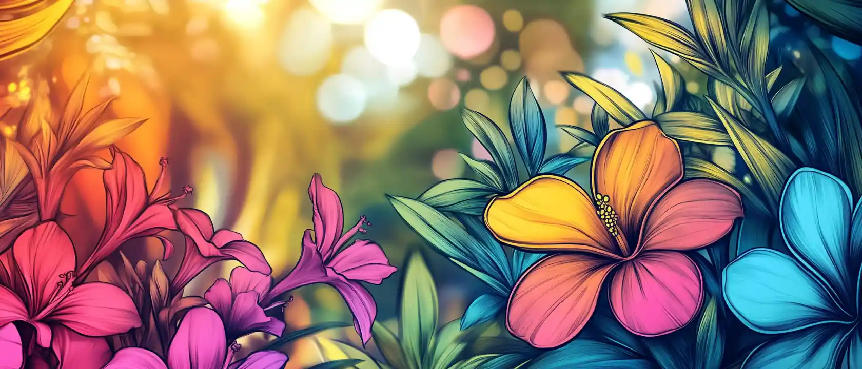 Illustrazione colorata di fiore tropicale con sfondo bokeh soleggiato