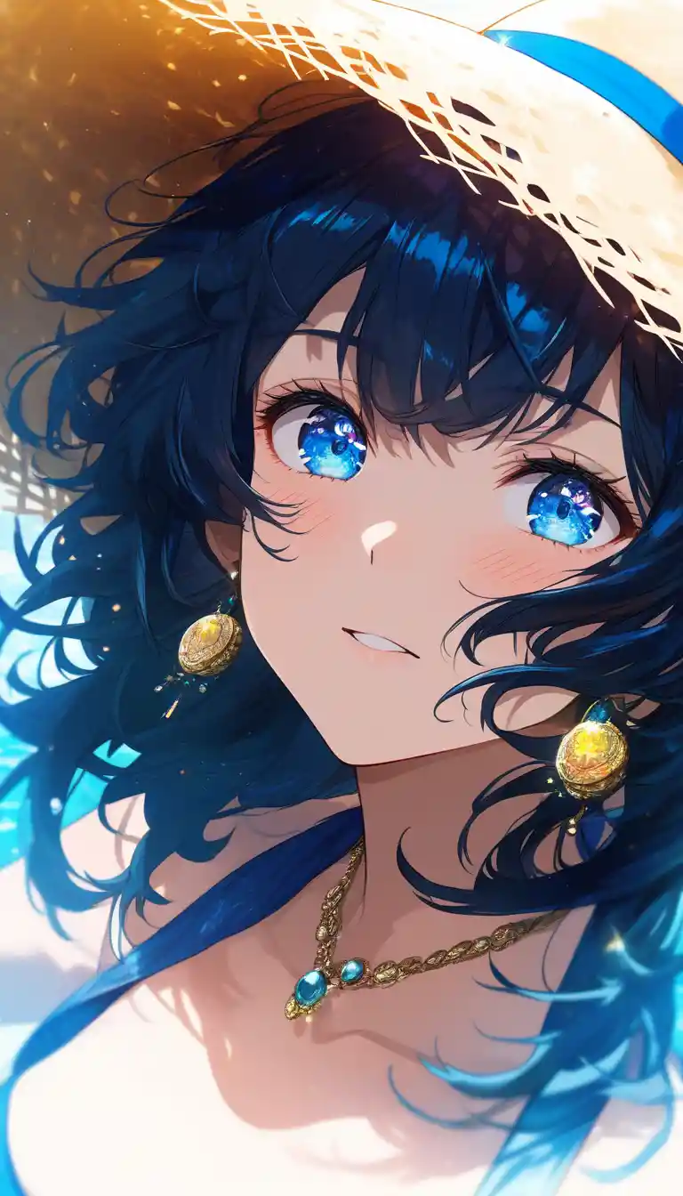 Anime-Mädchen-Porträt mit Strohhut am sonnigen Strand