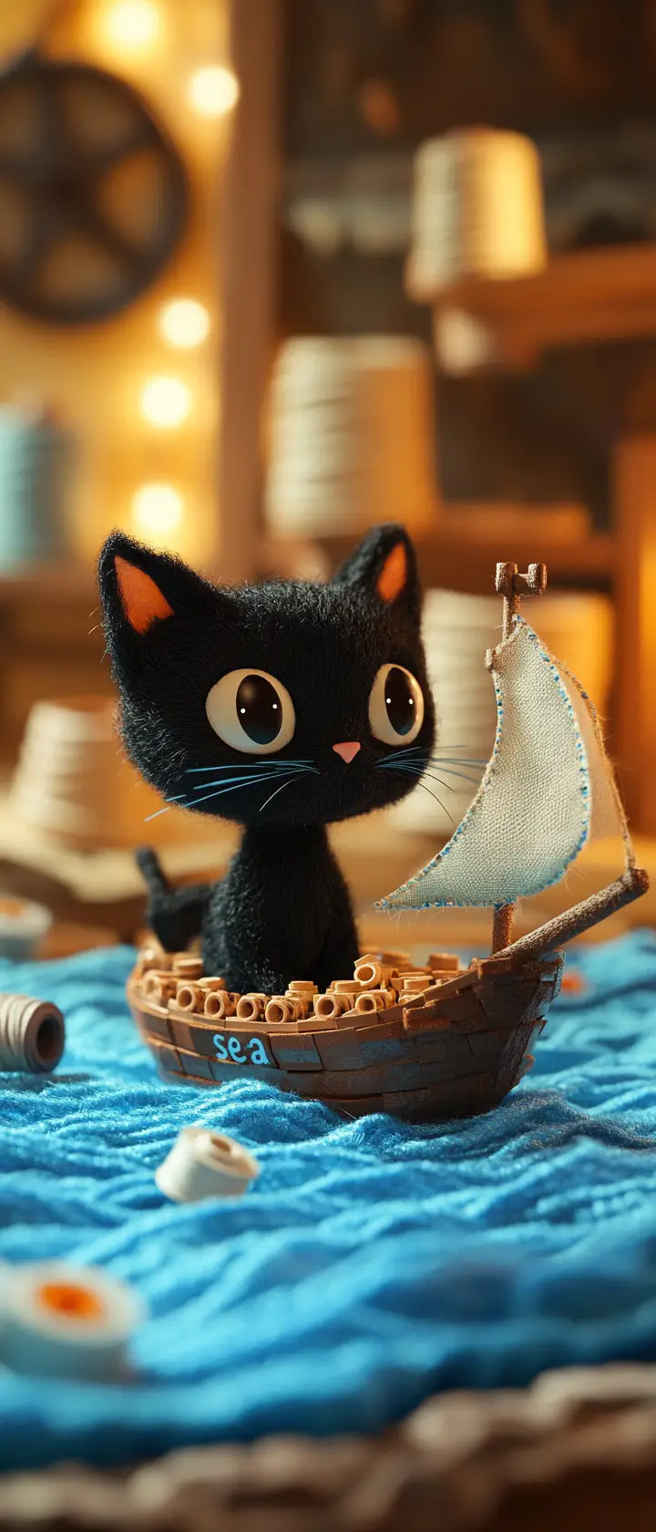 Art doll black kitten sailing a toy ship at sea