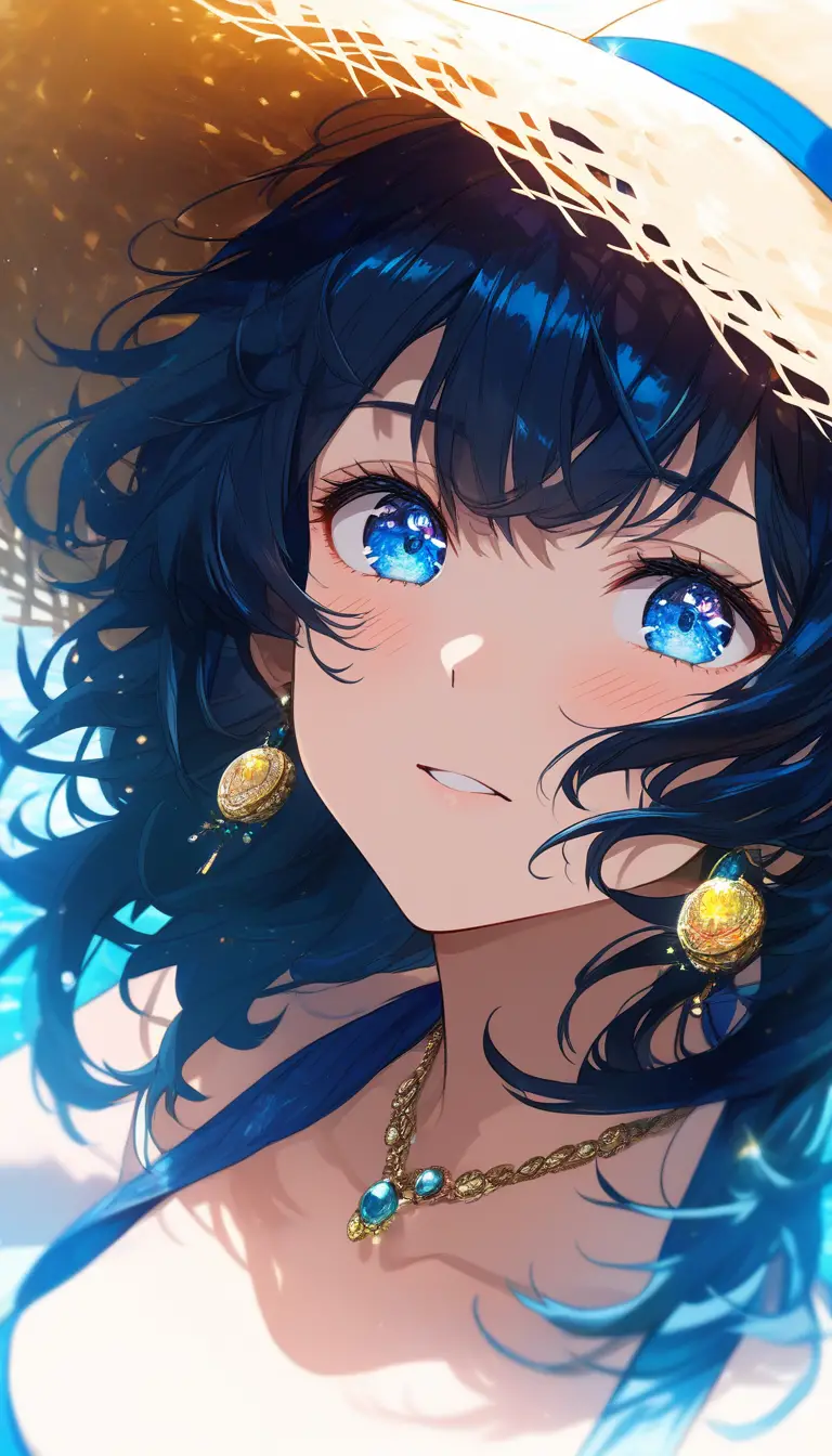 Anime girl portrait with straw hat on sunny beach