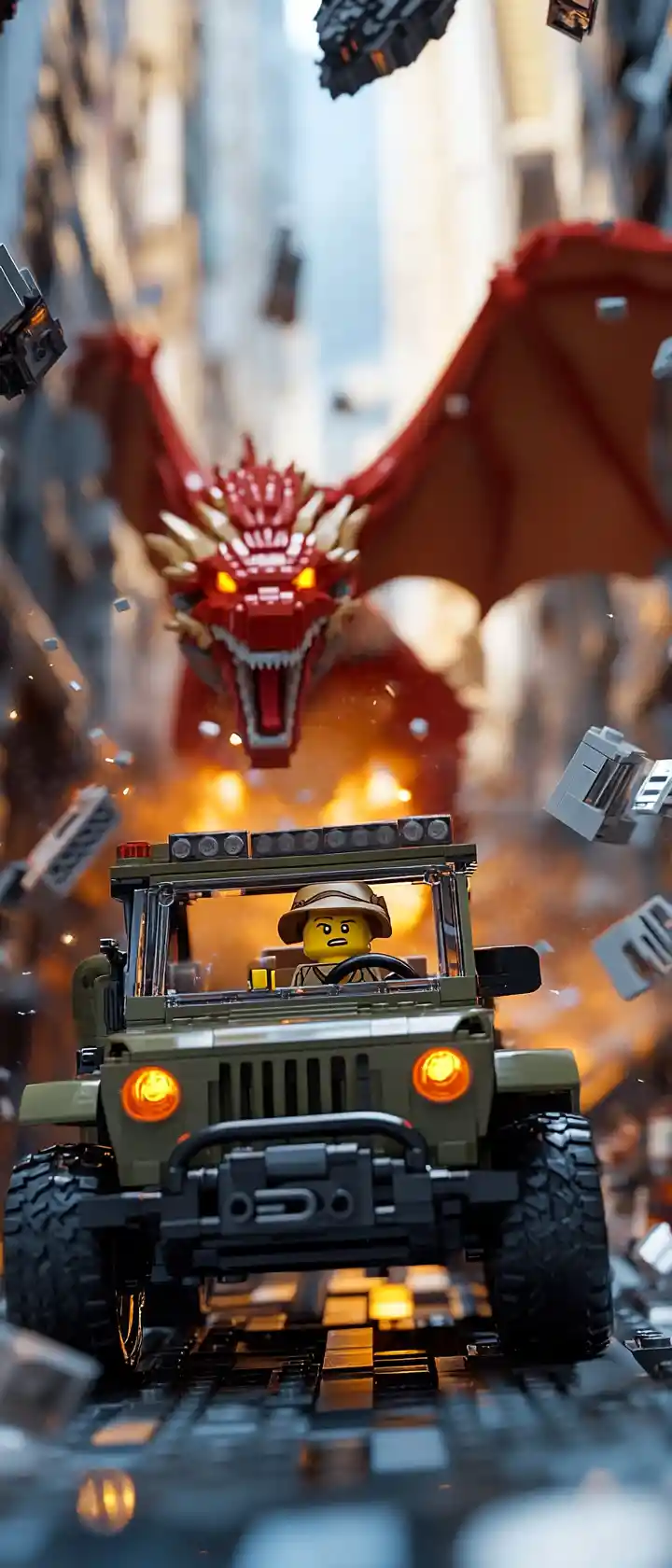 Lego offroad jeep chased by fire breathing dragon