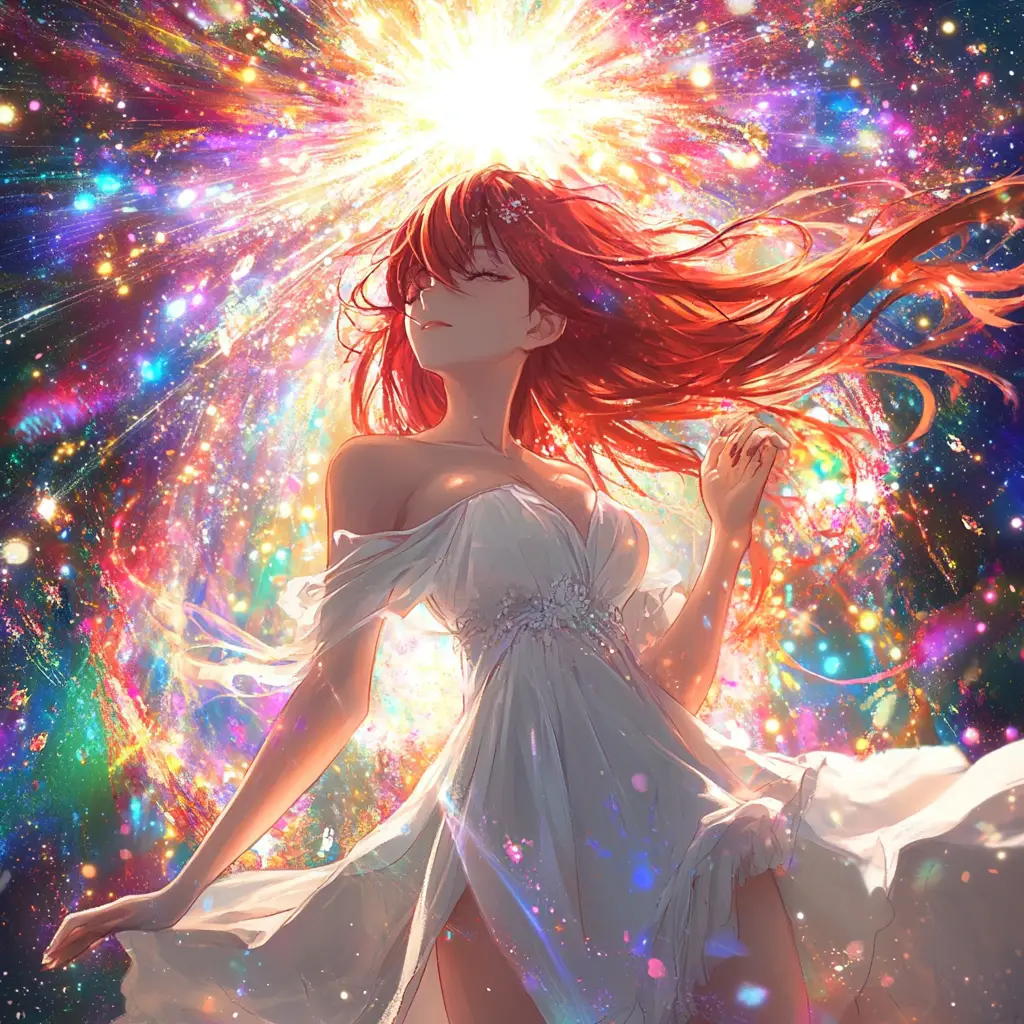 Anime girl in white dress under radiant cosmic light