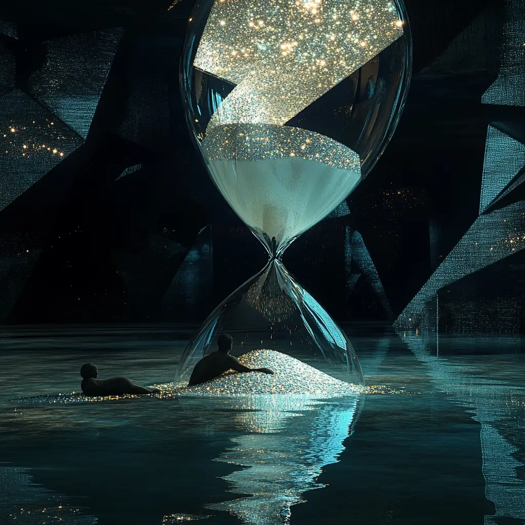 Colossal hourglass floating above a dark reflective ocean