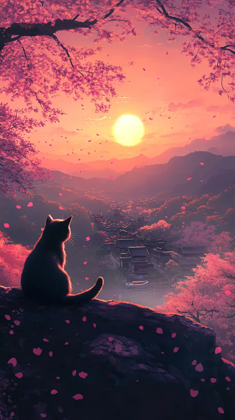 Black cat silhouette watching a cherry blossom sunset