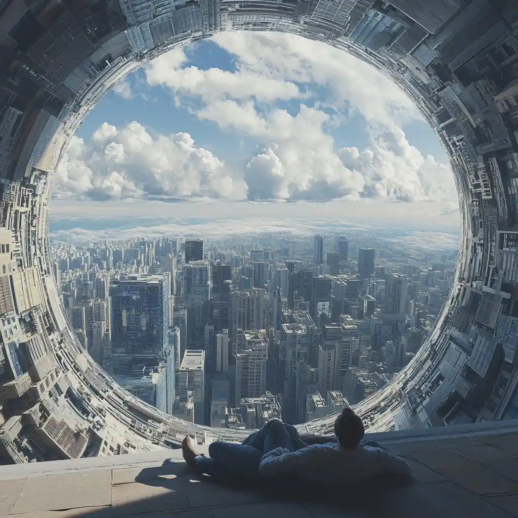 Surreal Spherical Cityscape With Curving Horizon And Rooftop Sleeper