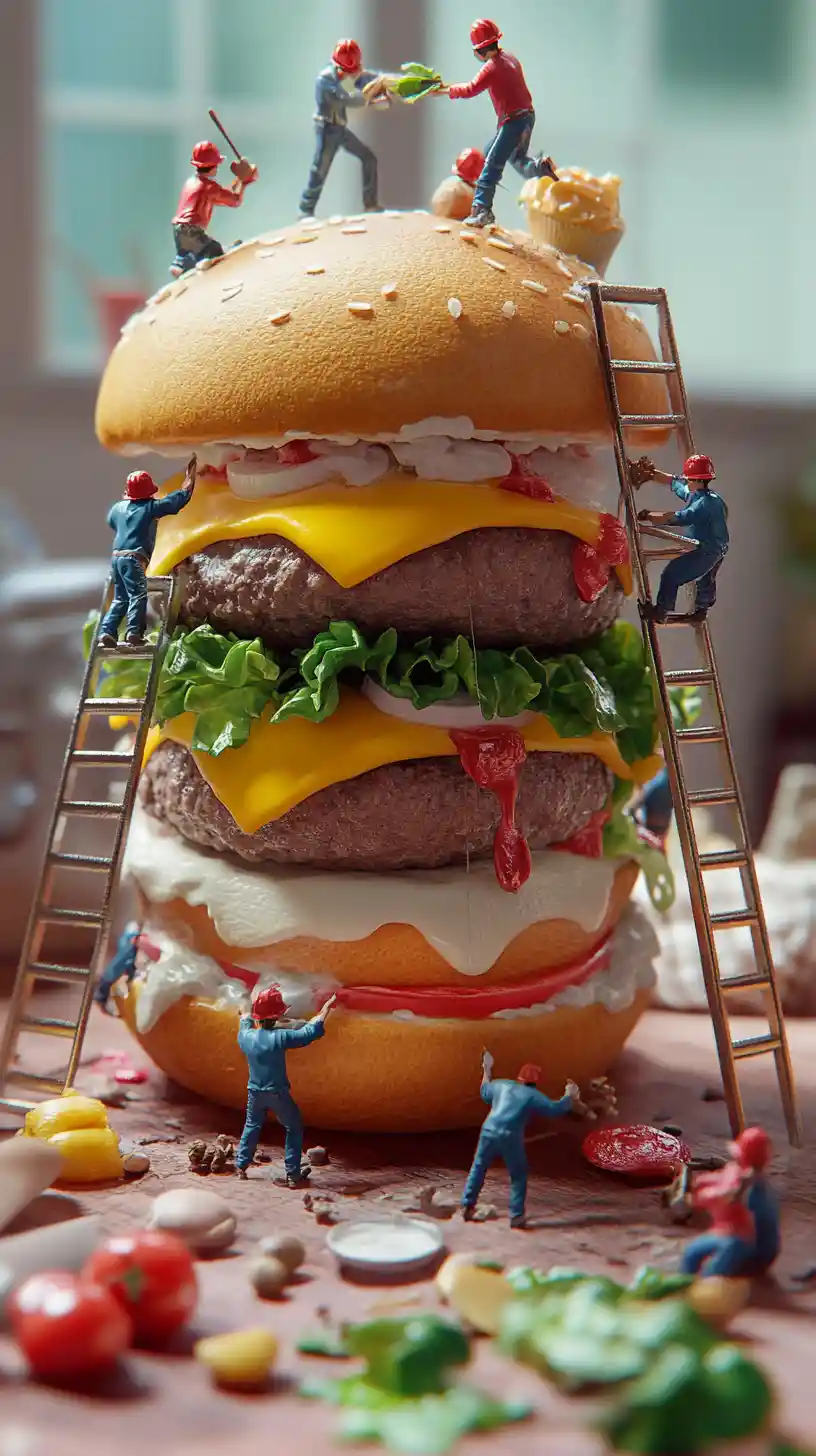 Tiny workers building a gigantic burger in a kitchen