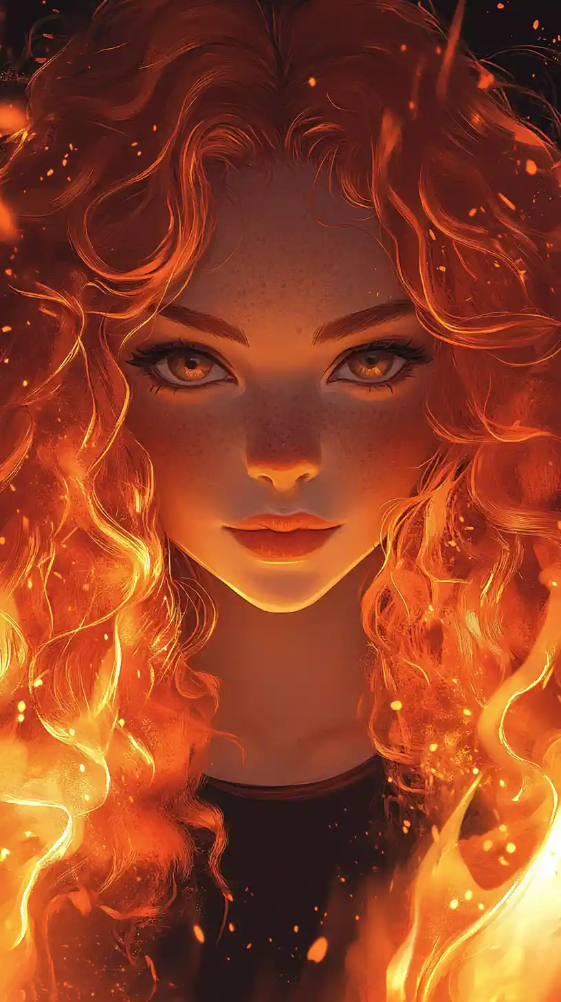 Anime girl in fiery frame with glowing embers