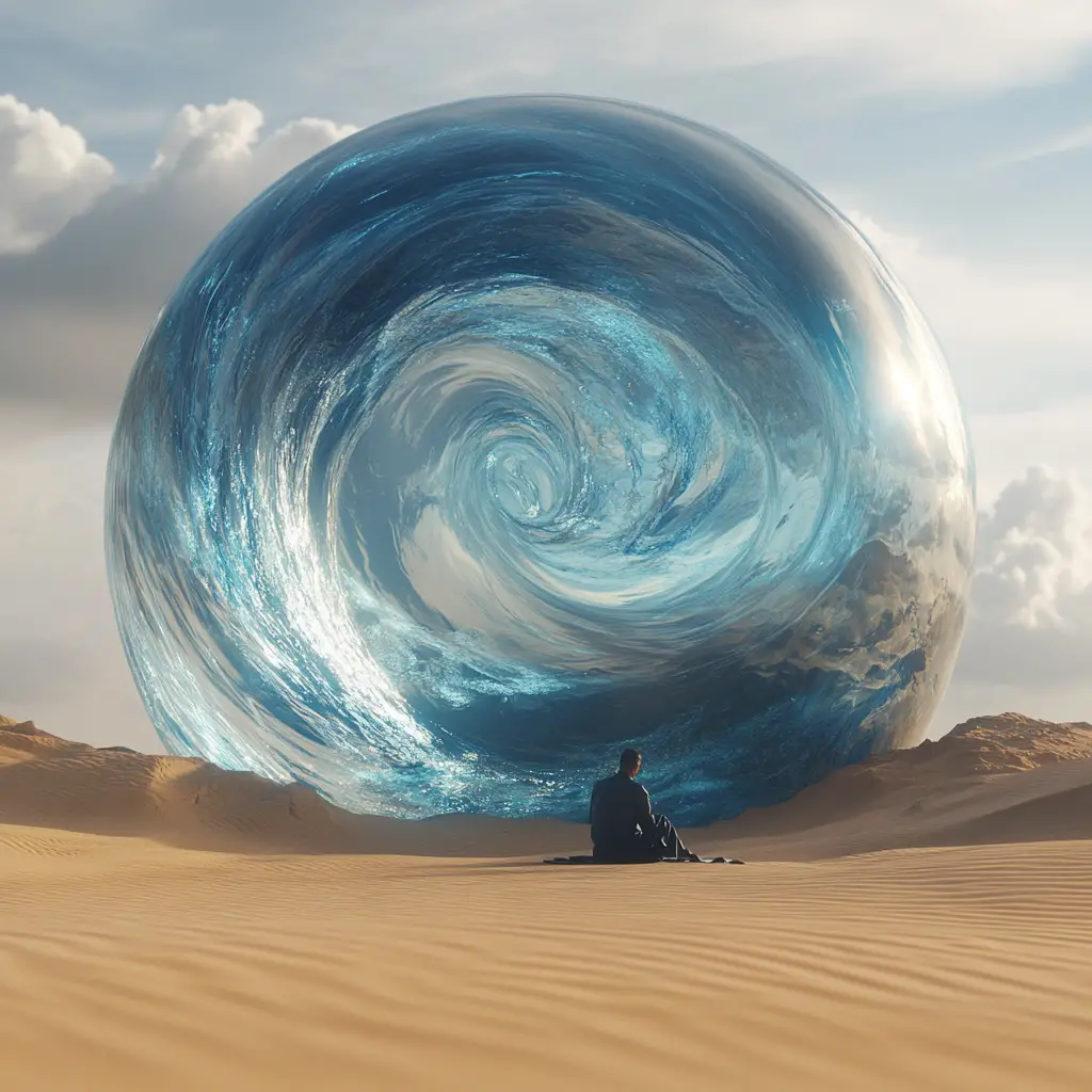 Frozen ocean sphere casting shimmering blue light in desert