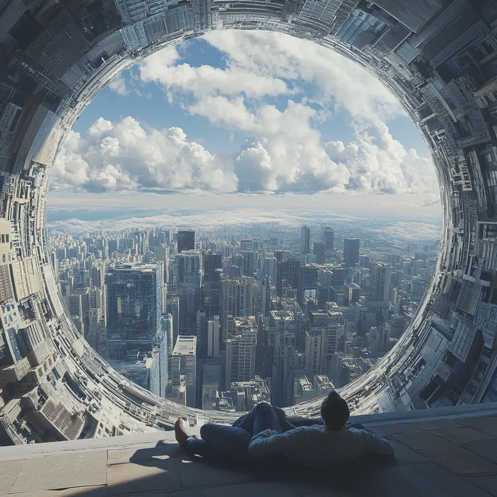 Surreal Spherical Cityscape With Curving Horizon And Rooftop Sleeper