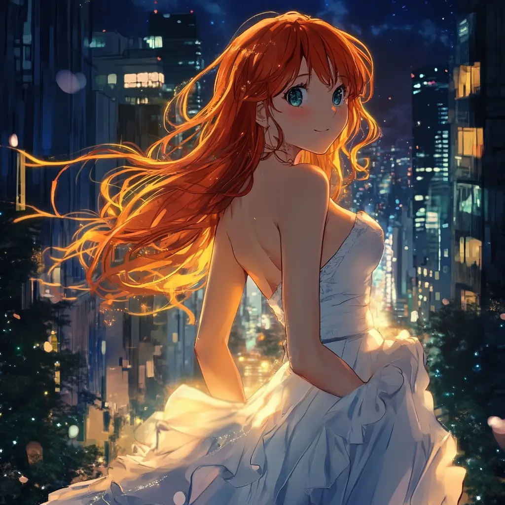 Red haired anime woman in white dress at night