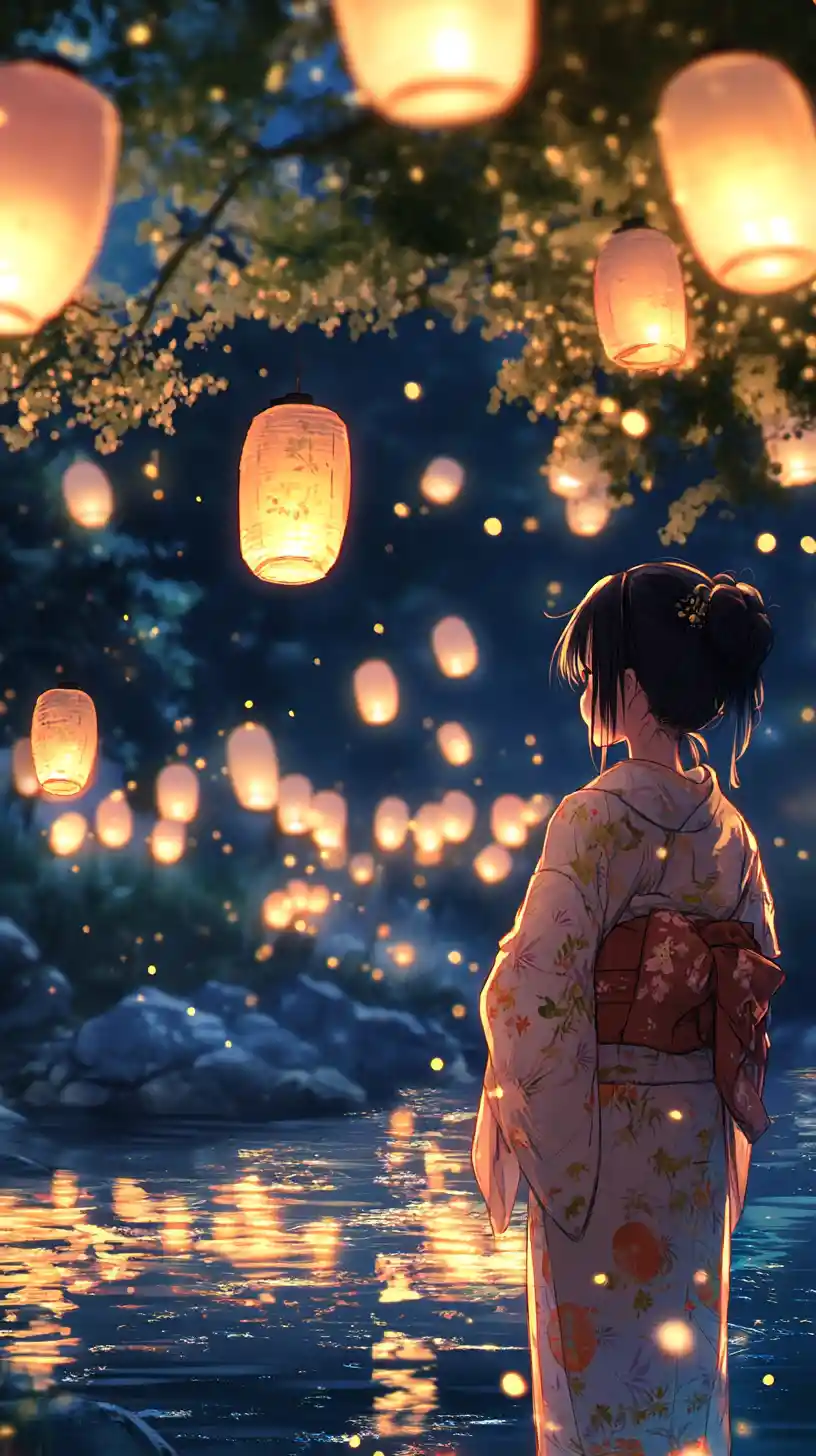 Anime girl in yukata by a lantern lit riverside