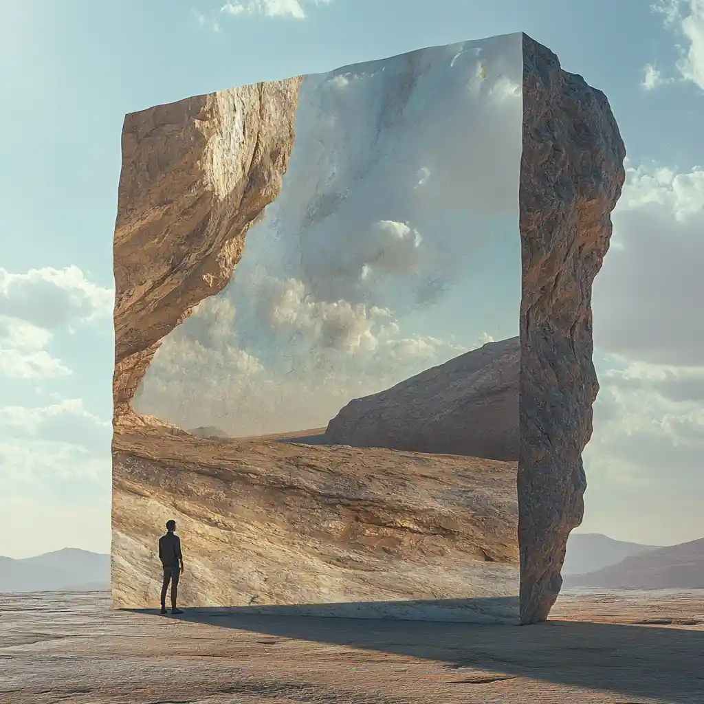 Man Linking To An Alternate Landscape Through A Stone Mirror