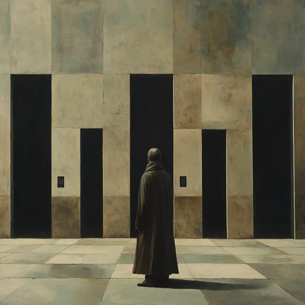 Man With Long Scarf Among Surreal Mismatched Doors
