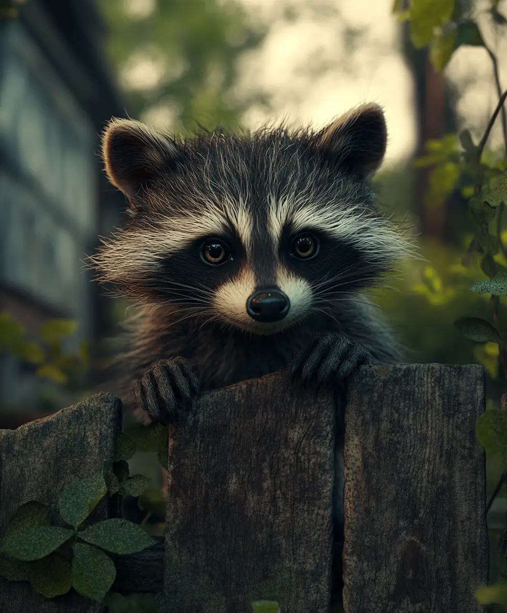 Whimsical Fantasy Raccoon In A Gloomy Secret Garden