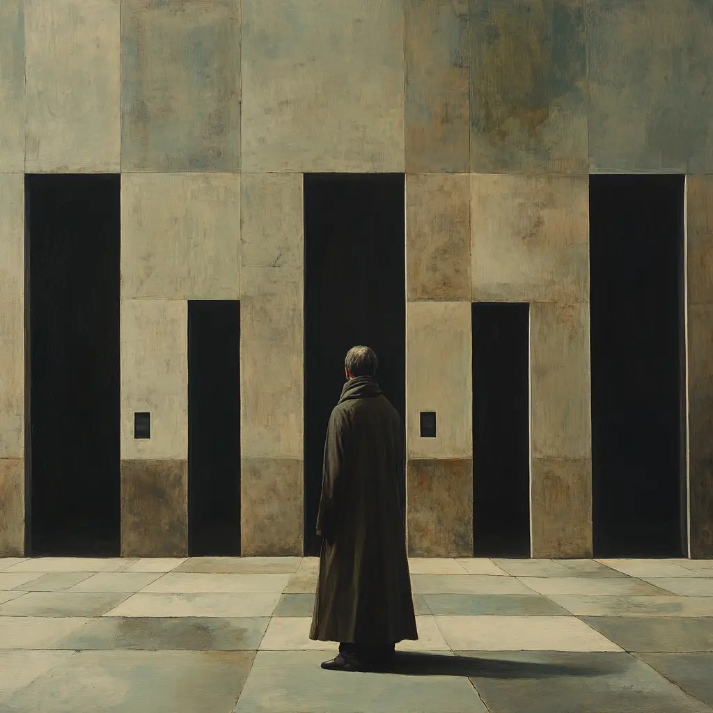 Man With Long Scarf Among Surreal Mismatched Doors