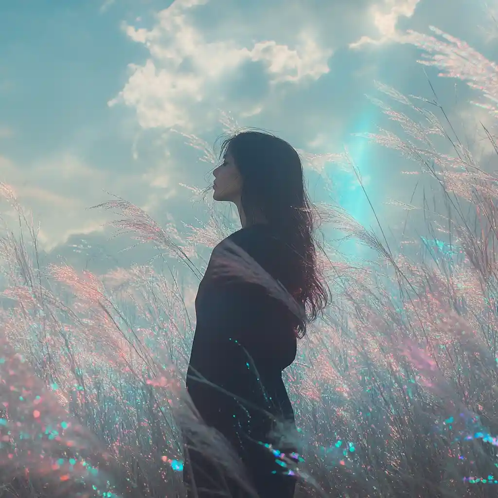 Woman standing in glowing silver grass under surreal sky