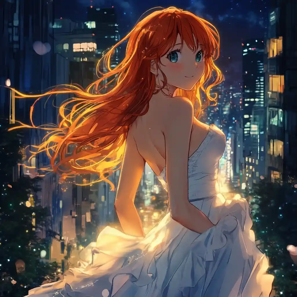 Red haired anime woman in white dress at night