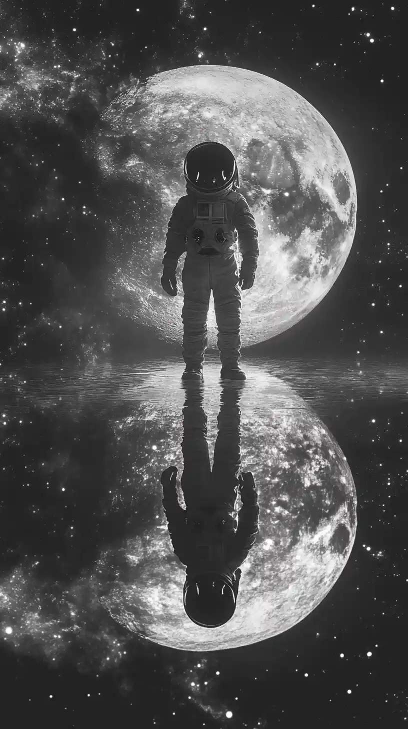 Astronaut woman on a mirror like moon under the galaxy