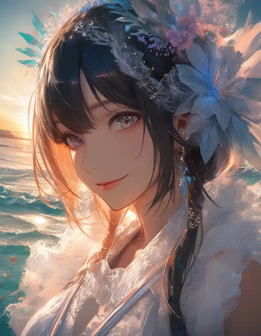 Anime woman standing on a tropical beach by the ocean