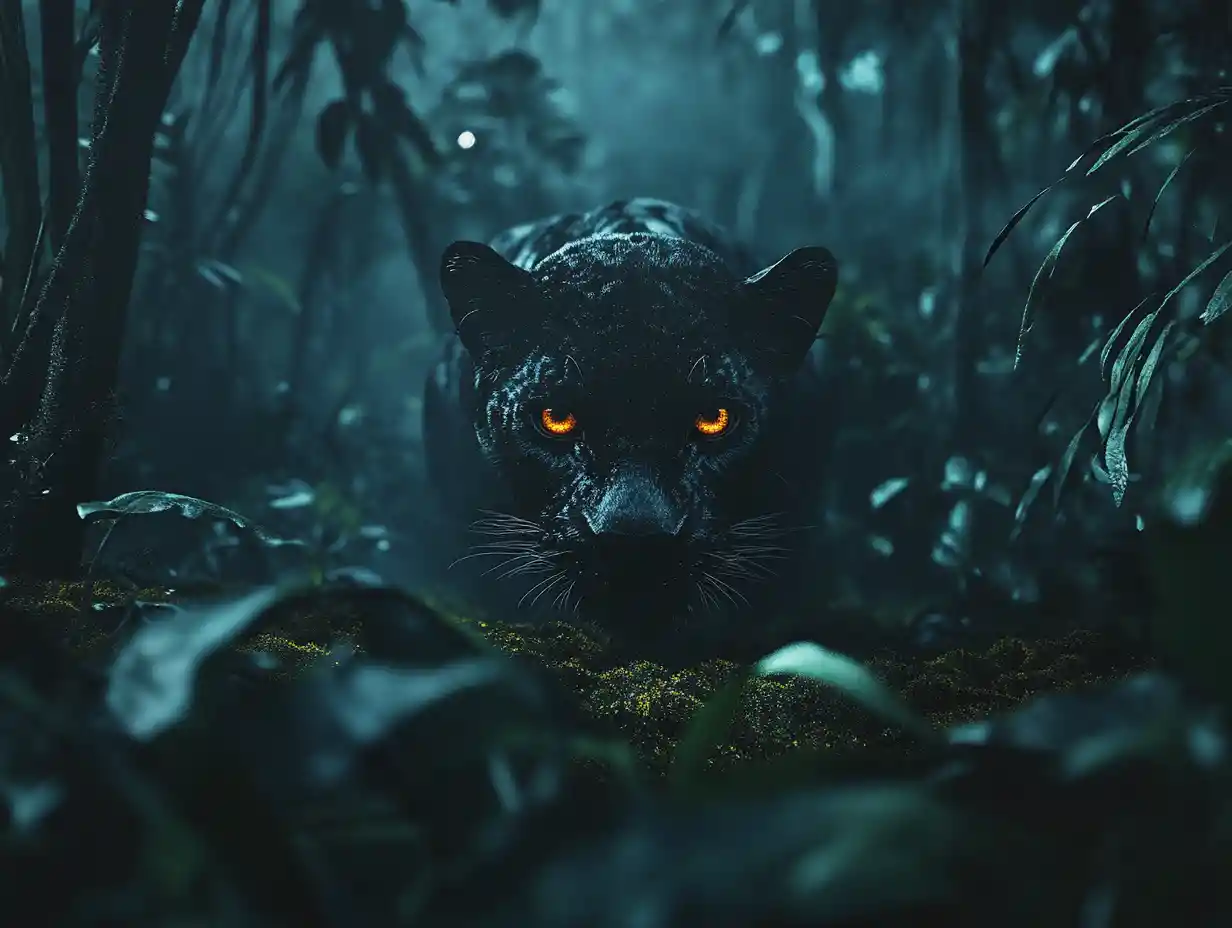 Mondlicht-Panther im nebligen tropischen Dschungel verborgen
