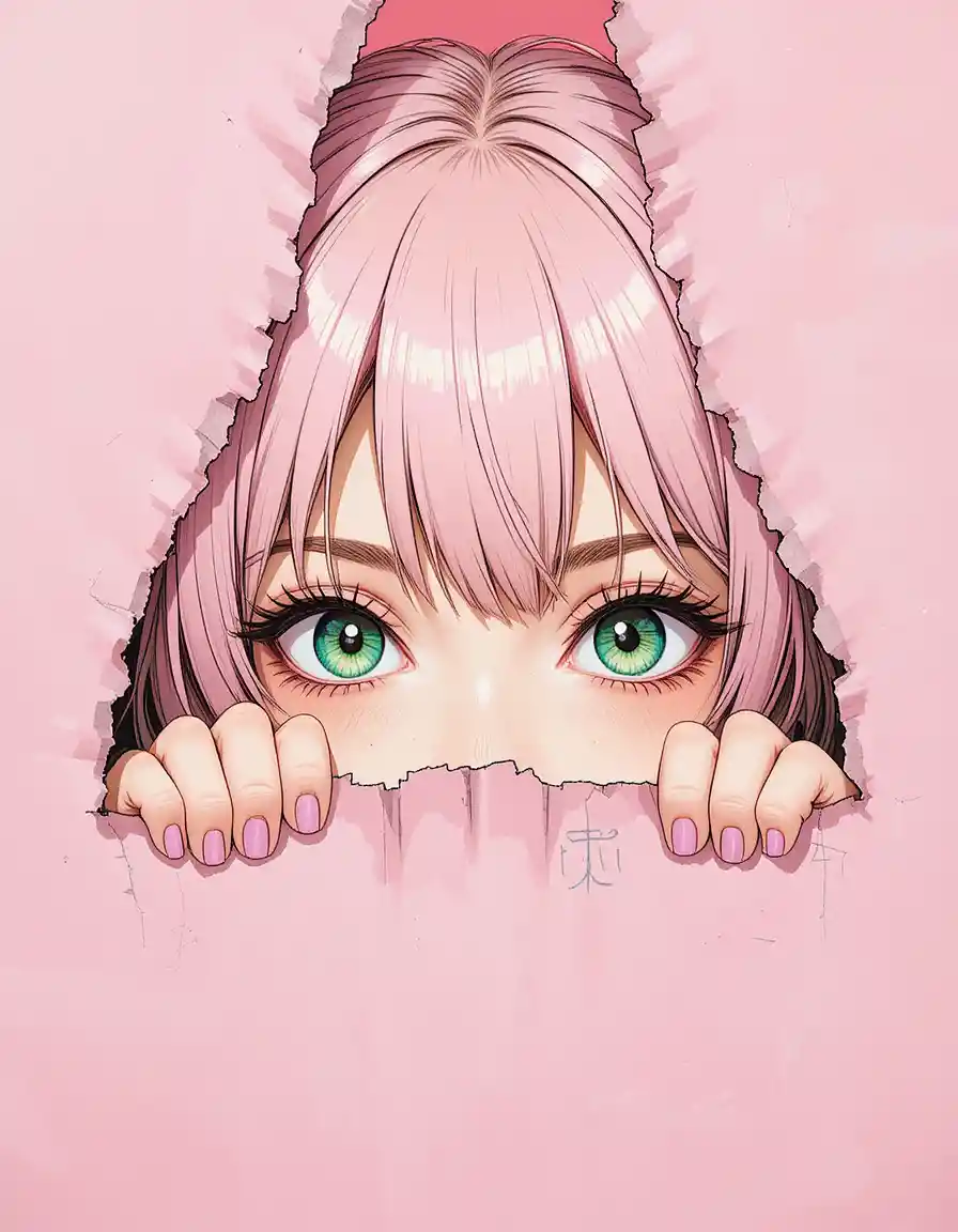 Anime girl peeking through fingers over soft pink paper
