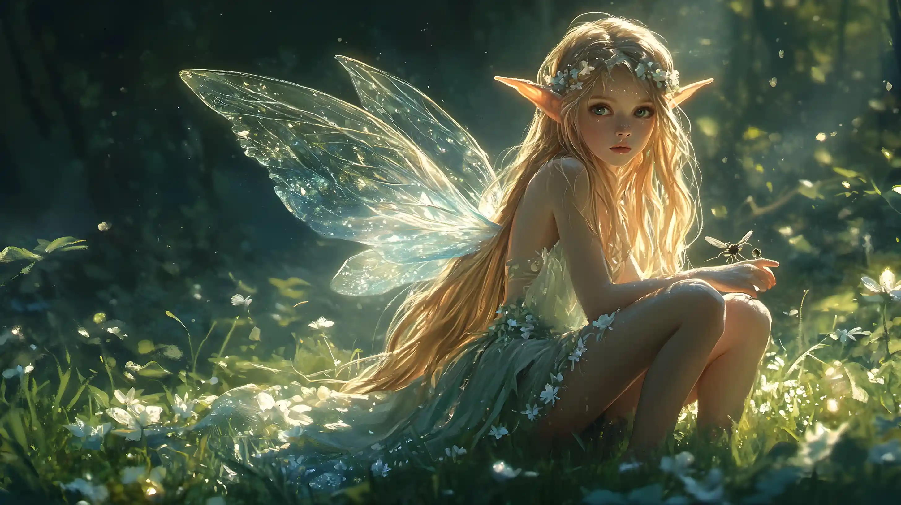 Elf girl in petal dress watching insects in forest