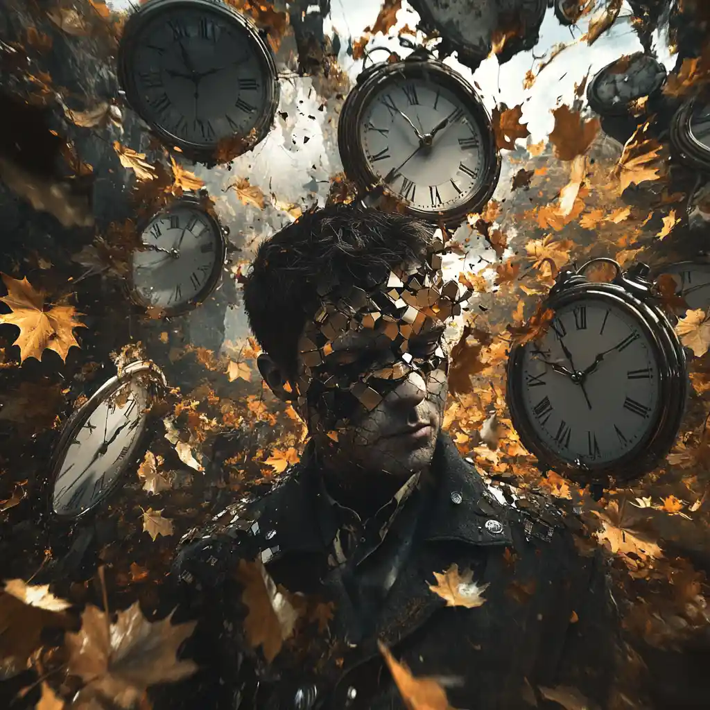 Man standing in a surreal shattered landscape of time