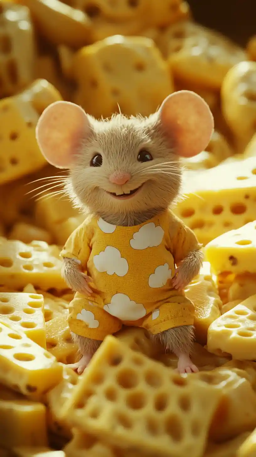 Cute mouse in yellow jumpsuit sitting on cheese