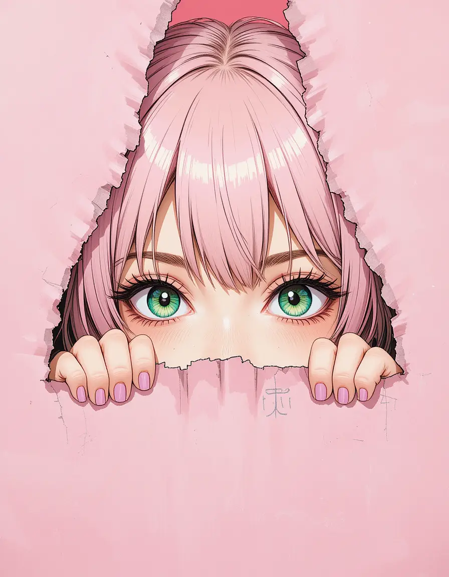 Anime girl peeking through fingers over soft pink paper