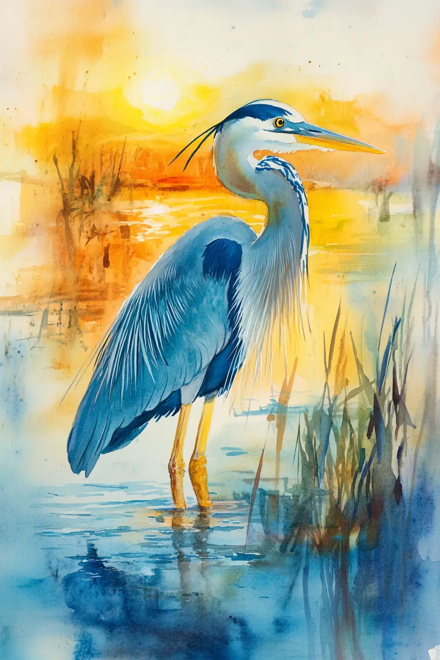 Watercolor heron in shallow teal water at sunset