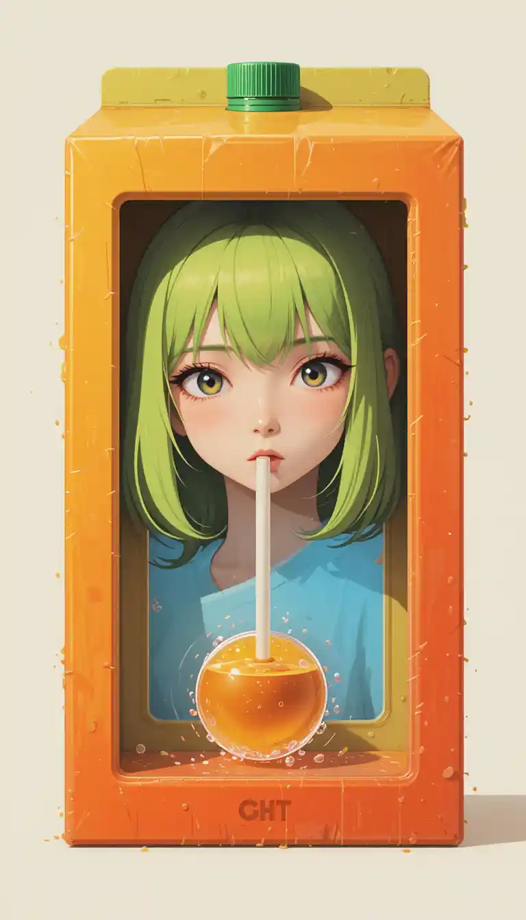 Anime girl inside surreal juice box frame with fruit