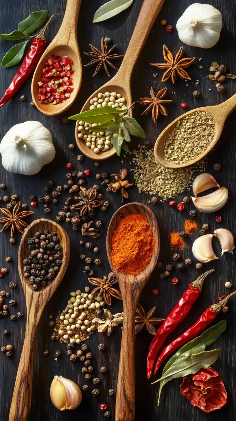 Assorted colorful spices and herbs in wooden spoons