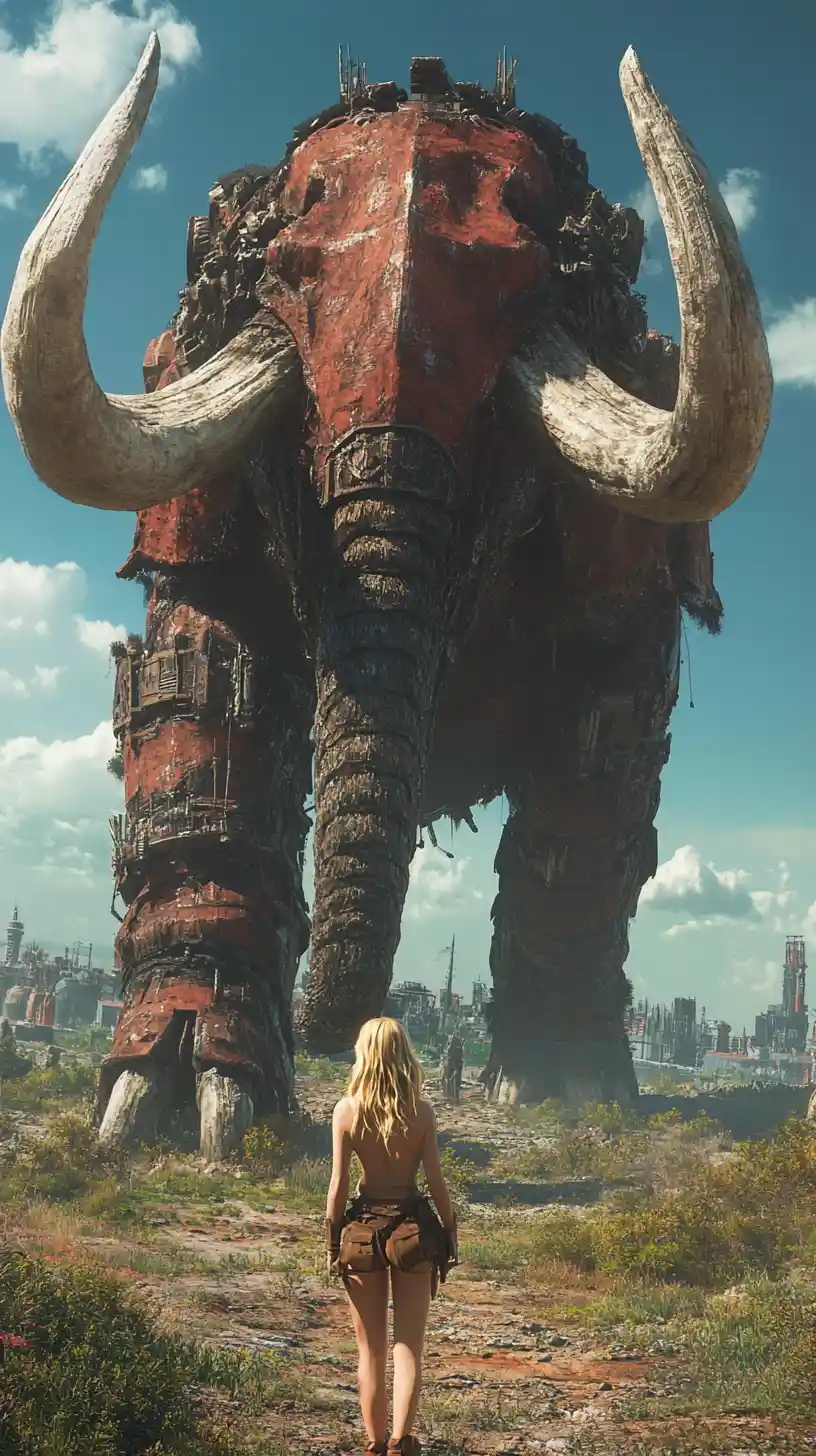 Colossal Mechanical Mammoth Towering Over Awe Struck Woman