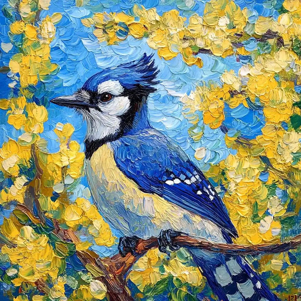 Blue jay resting on a yellow flowering tree branch