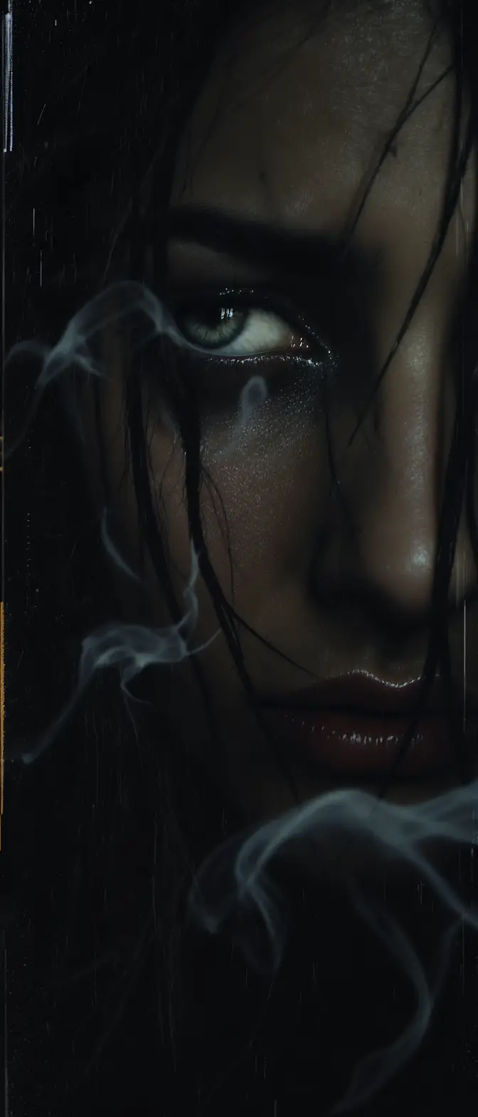 Extreme close up of anguished dark haired woman