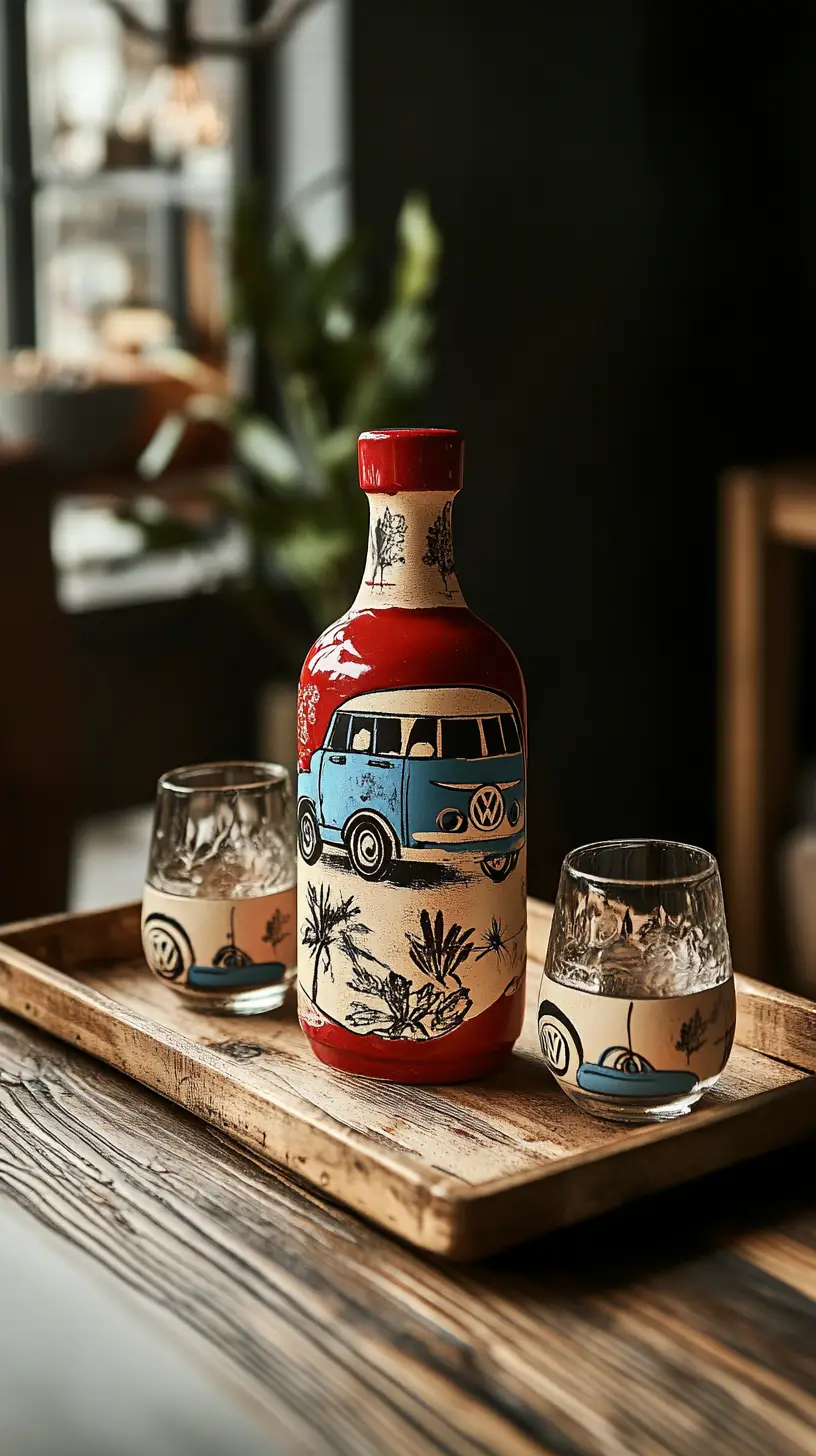 Hand painted camper style liqueur bottle on wooden tray