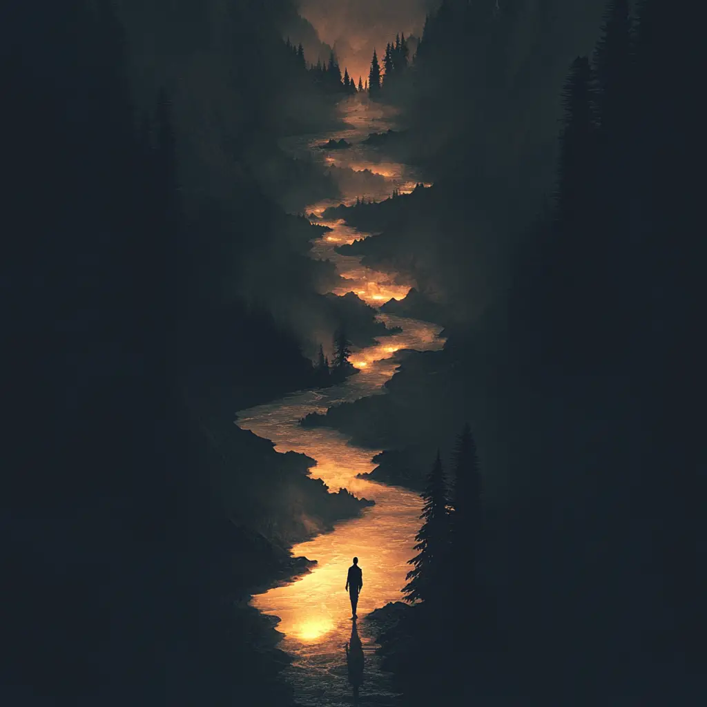 Lone figure walking among glowing floating islands