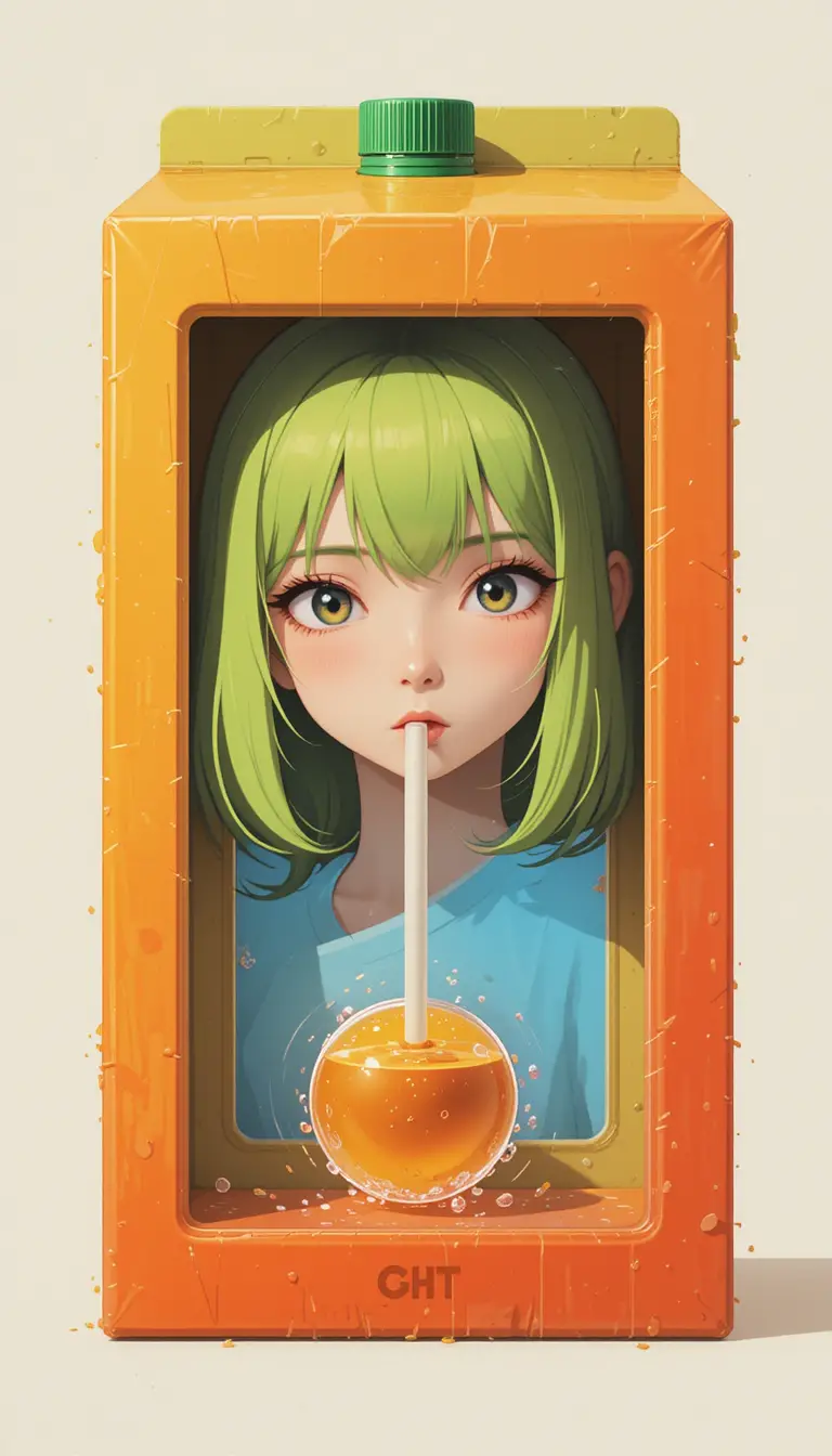 Anime girl inside surreal juice box frame with fruit
