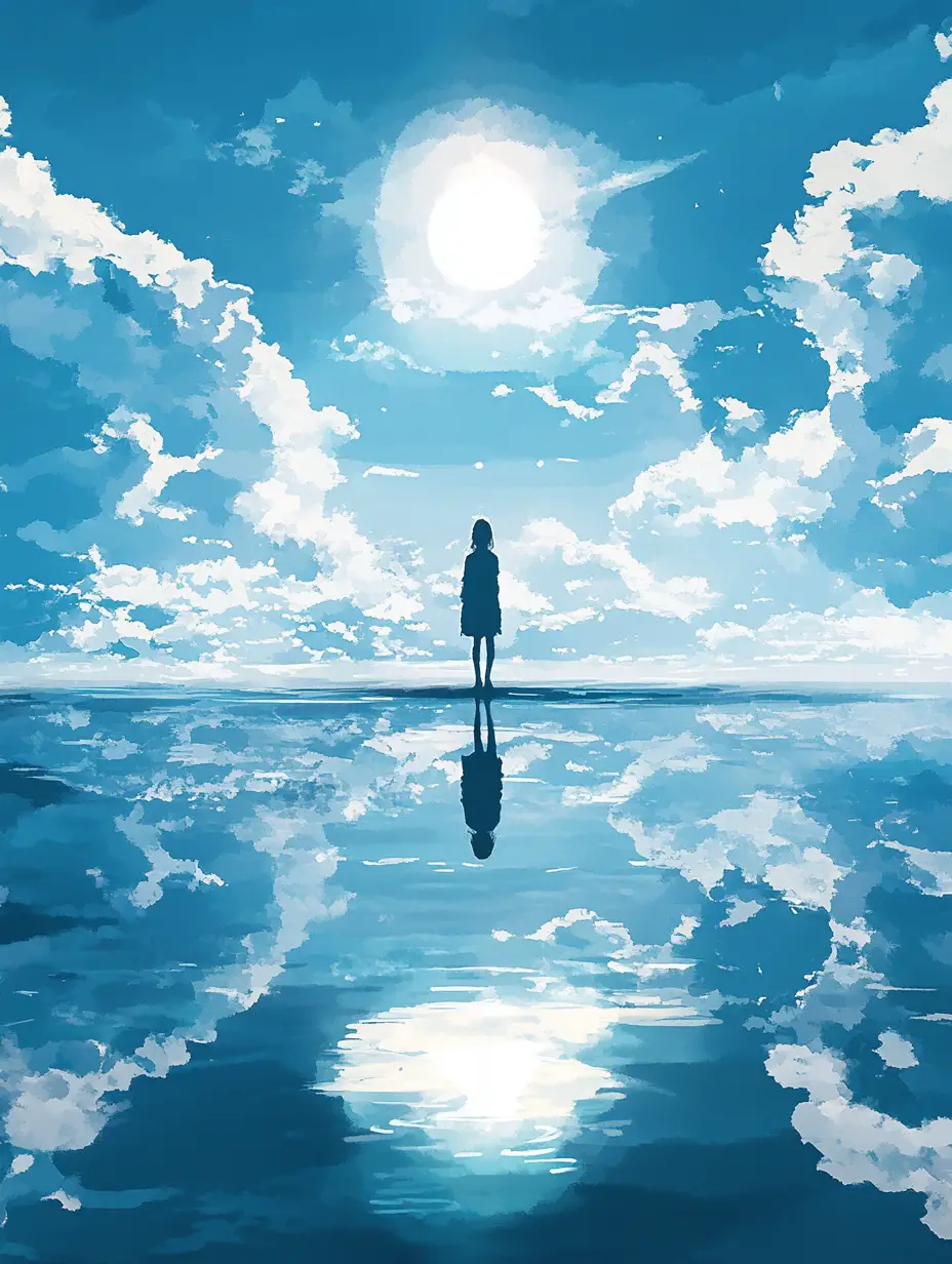 Silhouette woman reflected on water under summer sky