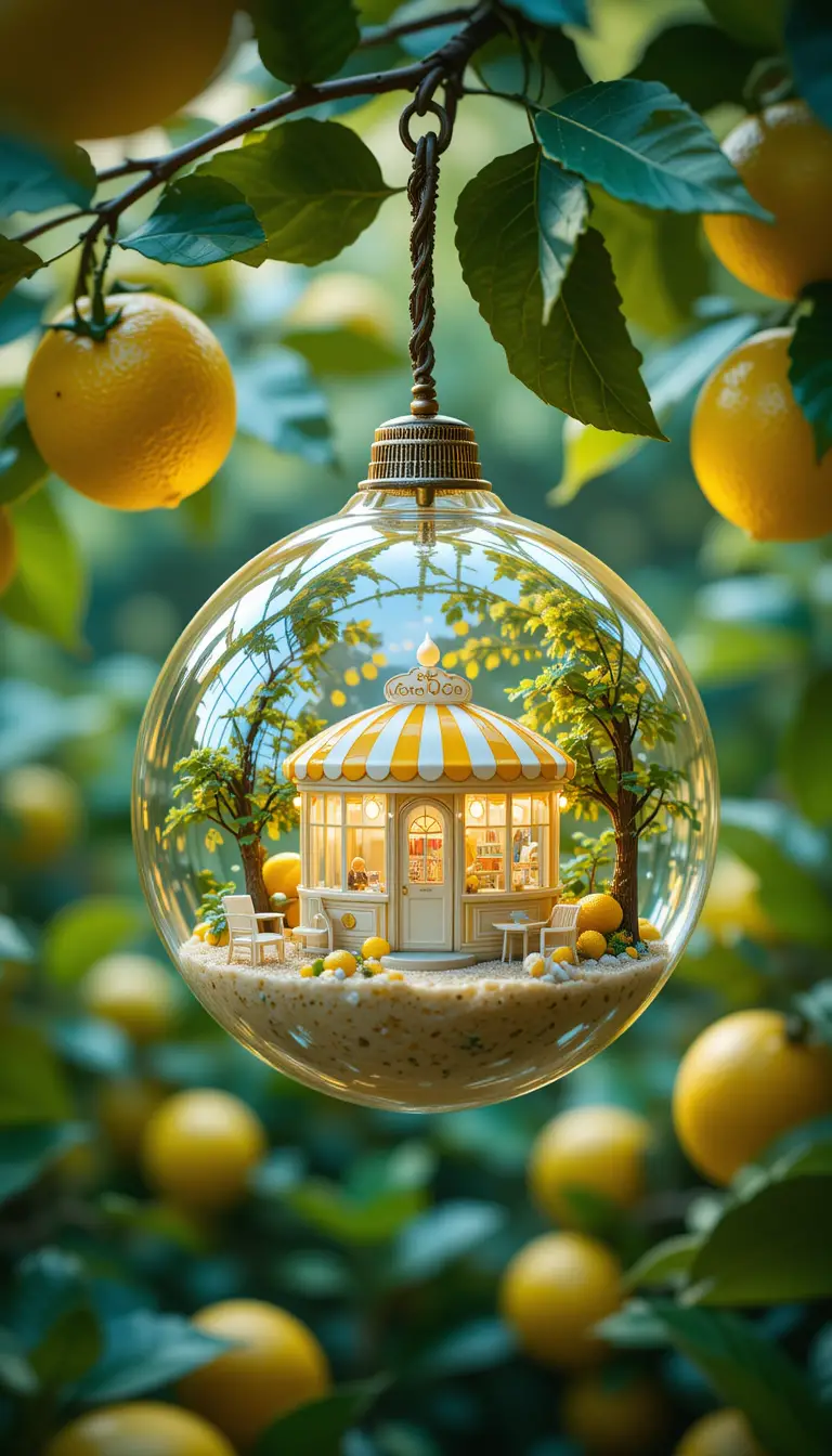 Glass lemon sphere with miniature summer ice cream world