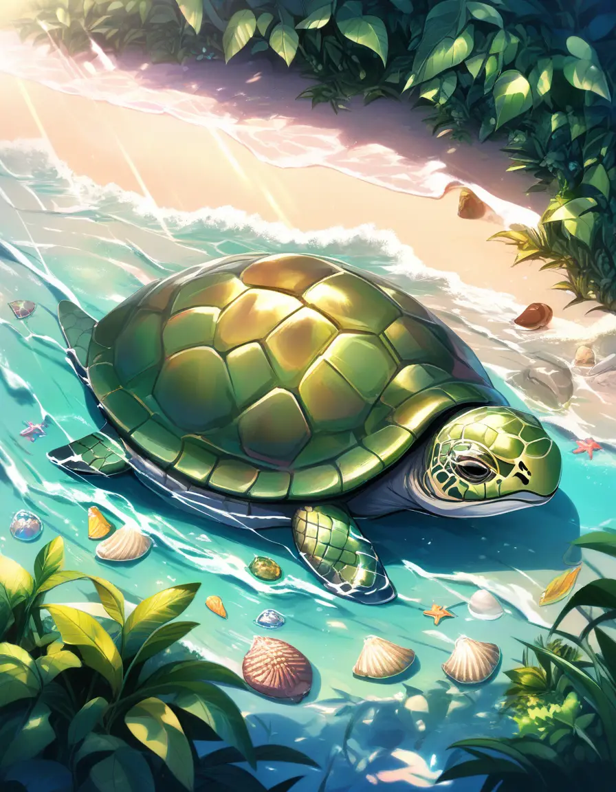Turtle Resting In Sunlight On A Rocky Beach