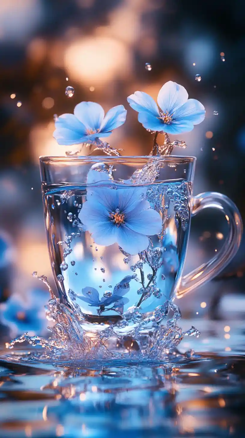 Glass cup with blue liquid and delicate flowers