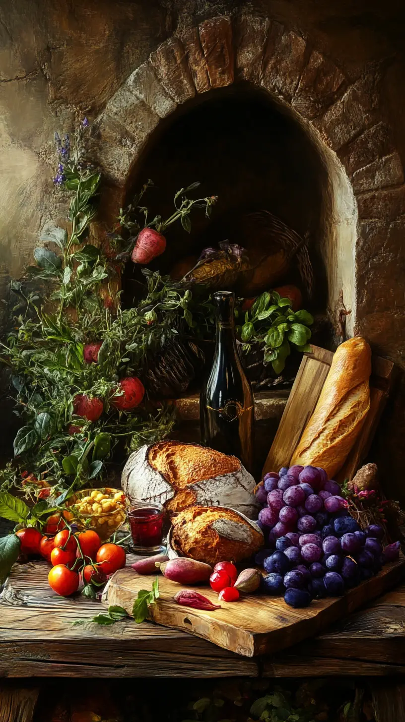 Mediterranean kitchen still life with bread fruits and herbs