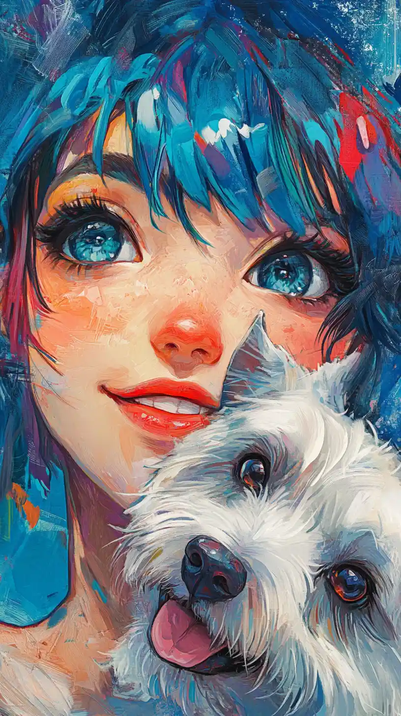 Anime girl with colorful hair and heterochromia smiling close up
