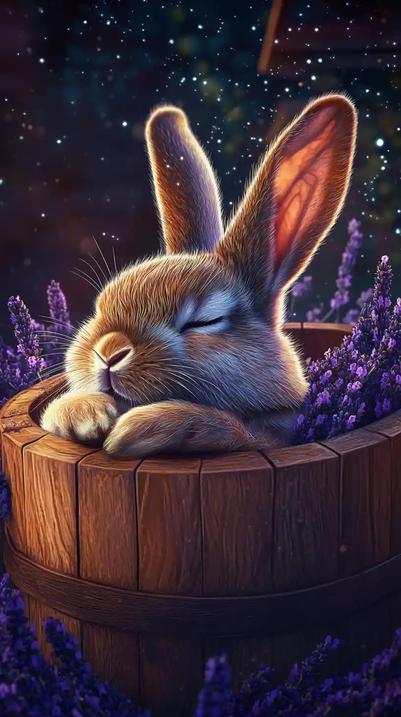 Sleeping rabbit in wooden tub with lavender in dark forest
