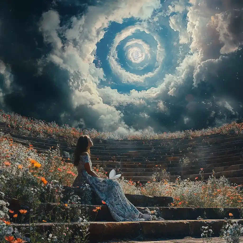 Woman sitting in overgrown amphitheater with surreal sky