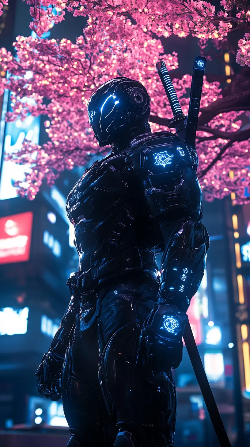 Cybernetic samurai under glowing cherry blossoms in futuristic Tokyo