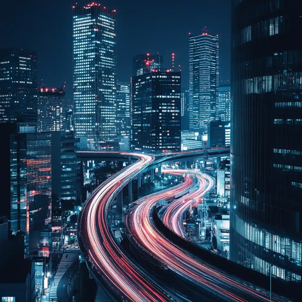 Vibrant night cityscape with highway light trails