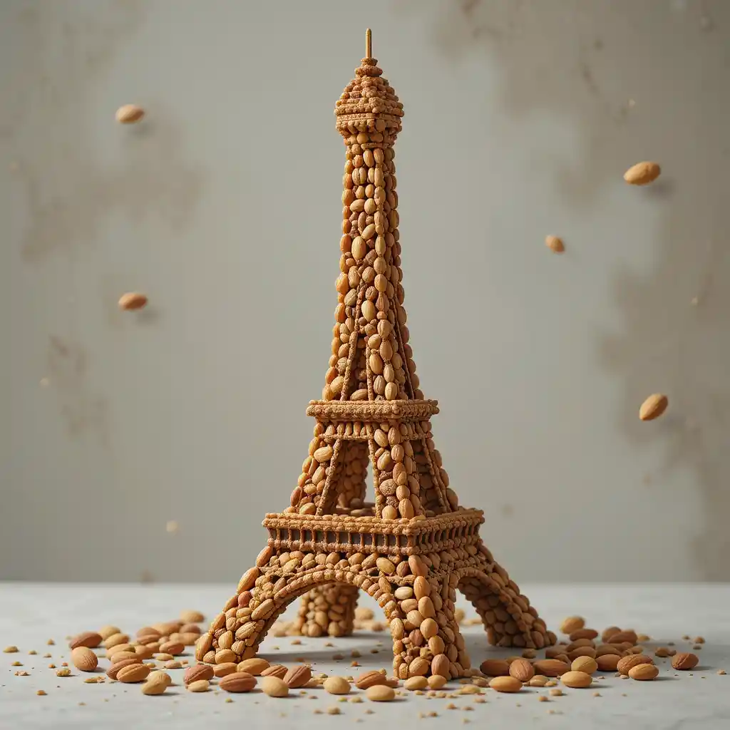 Eiffel Tower Sculpture Built From Toasted Nuts On Neutral Background