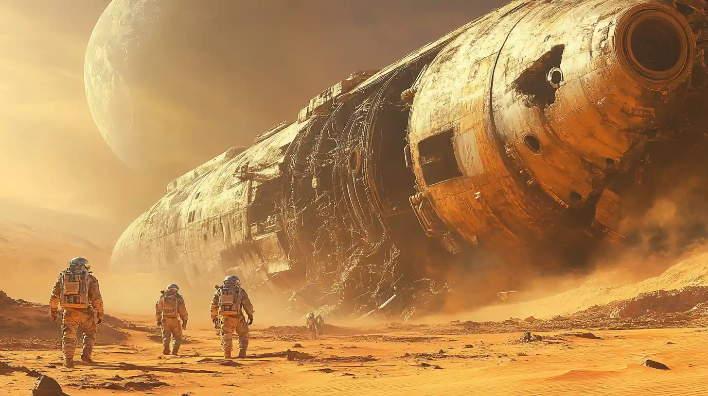 Astronauts Exploring A Massive Crashed Spaceship In Desert